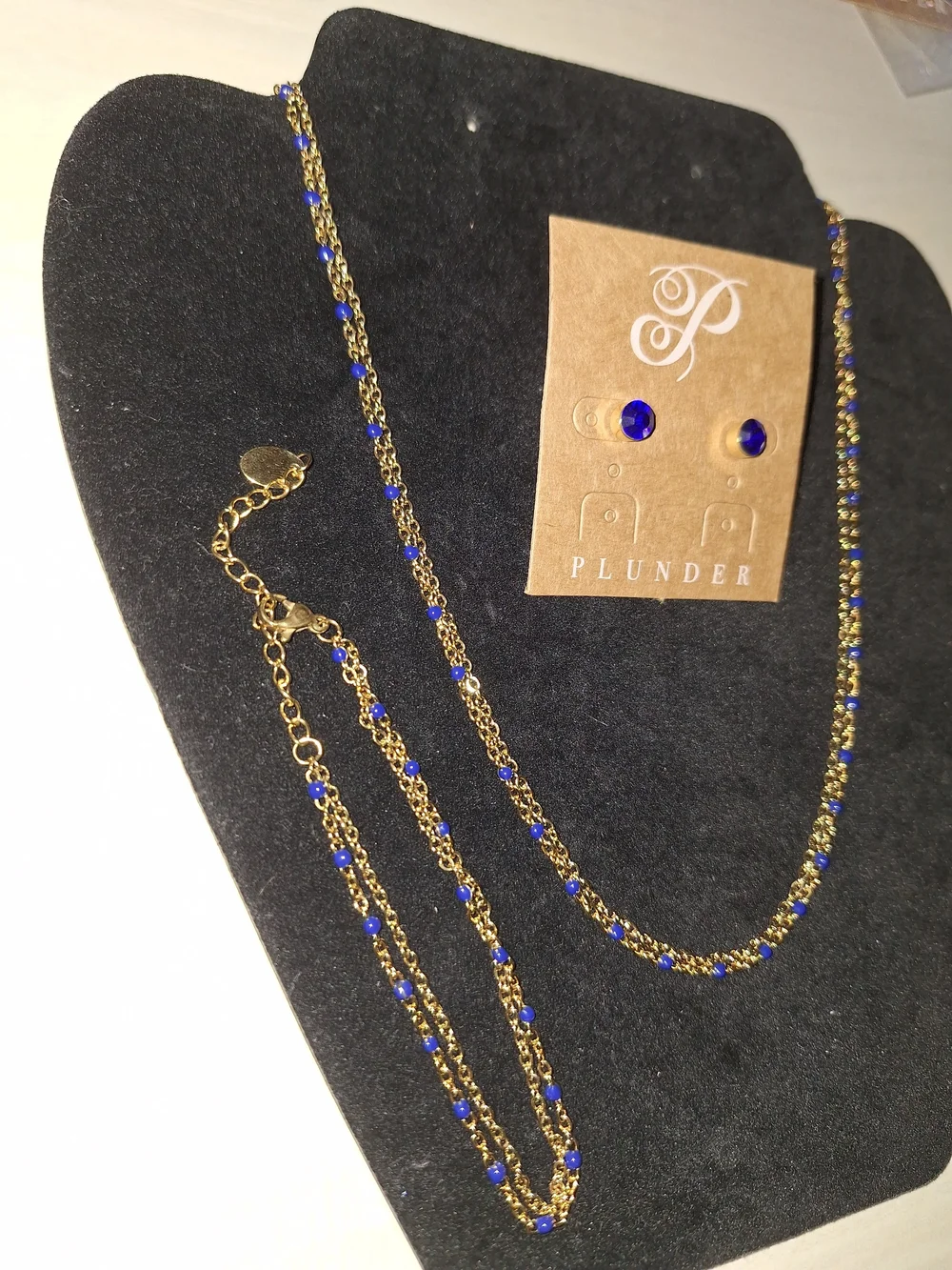 Plunder Gold Double Chain Necklace, Bracelet and Royal Blue Bead Earrings Set